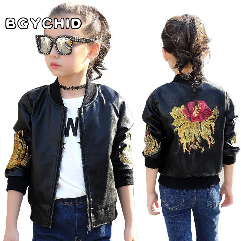Girls' Jackets Stitched Flower PU Leather Jacket Girls Jackets Size 12 Motorcycle Leather Girls Coat 0