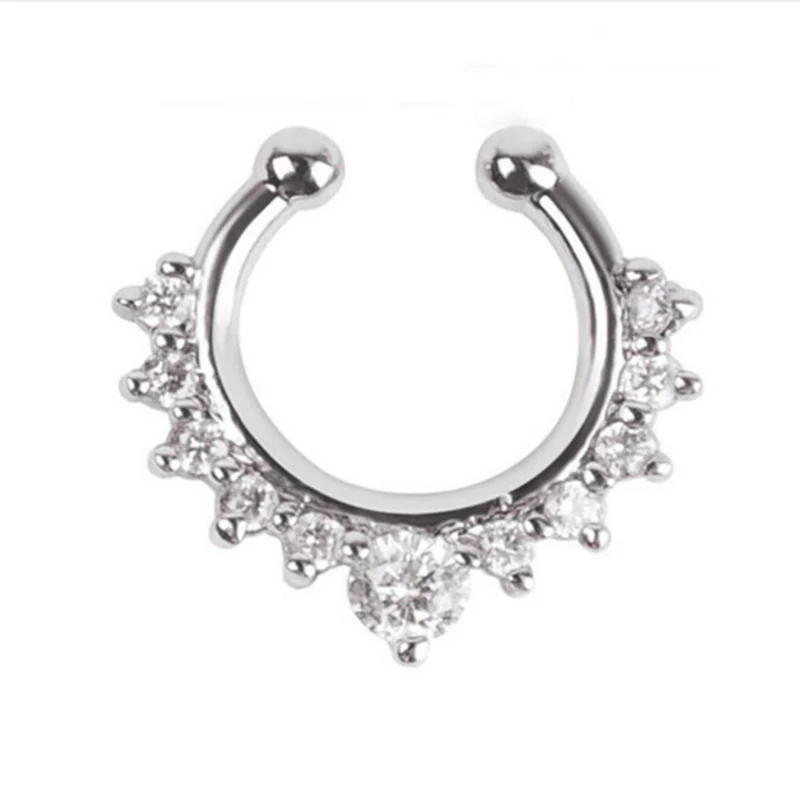 Qevila Crystal Fashion Clicker Fake Septum for Women Body Clip Hoop Vintage Fake Nose Ring Faux Piercing Body Jewelry Wholesale (9)