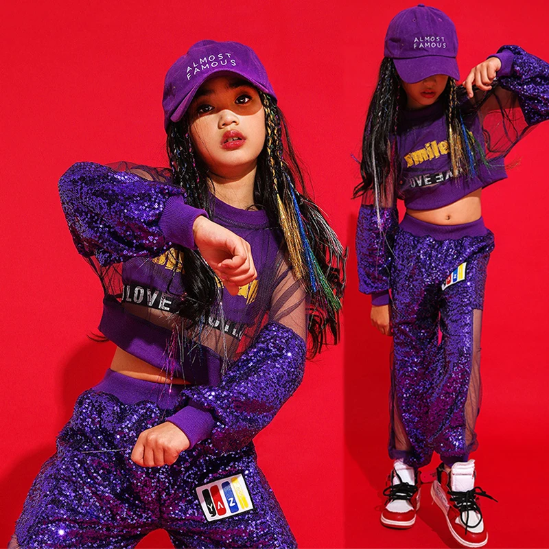 

Sequin Jazz Dance Costumes Purple Girls Hip Hop Dance Clothes Street Dance Practice Performance Clothing Stage Dancing Outfit DC1432