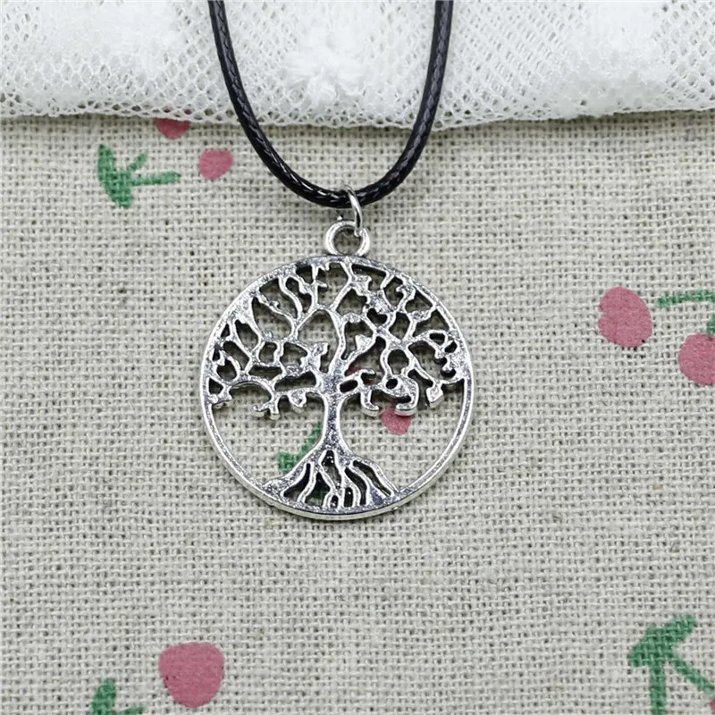 

New Fashion Antique Silver Charms Tree of life 26mm Pendant Necklace Black Leather Cord Hand made Jewelry Necklace