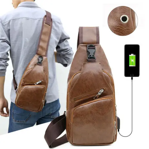 Men's Messenger Zipper Shoulder Bag Sling Chest Pack Crossbody USB Charging Port