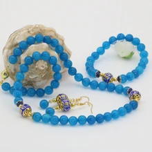 Original design 8mm blue aquamarine jasper round beads necklaces bracelets earrings free shipping high grade jewelry set B2682