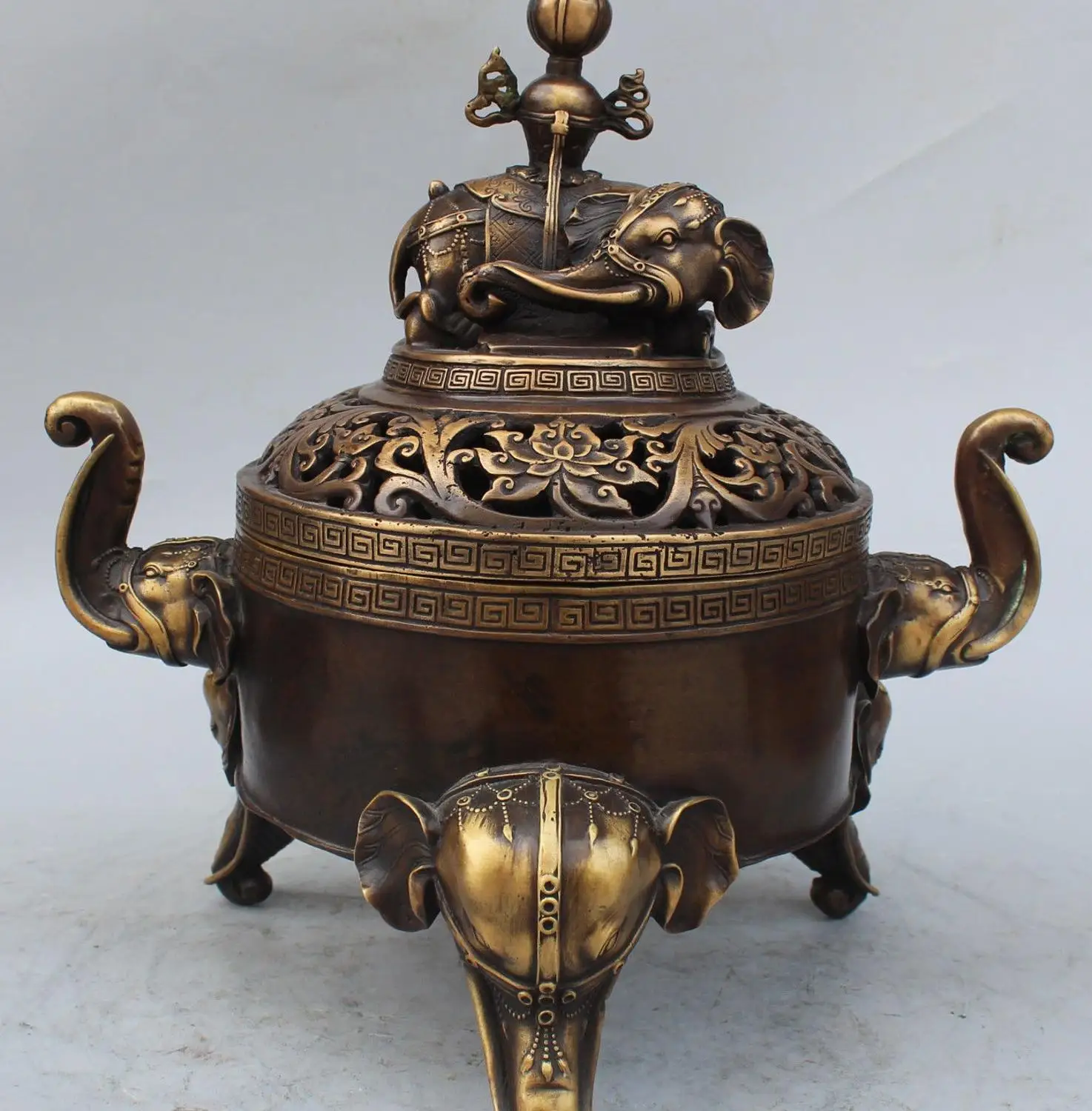 

14"Marked Chinese Bronze Elephant Zun Vase Flower Incense Burner Censer Statue