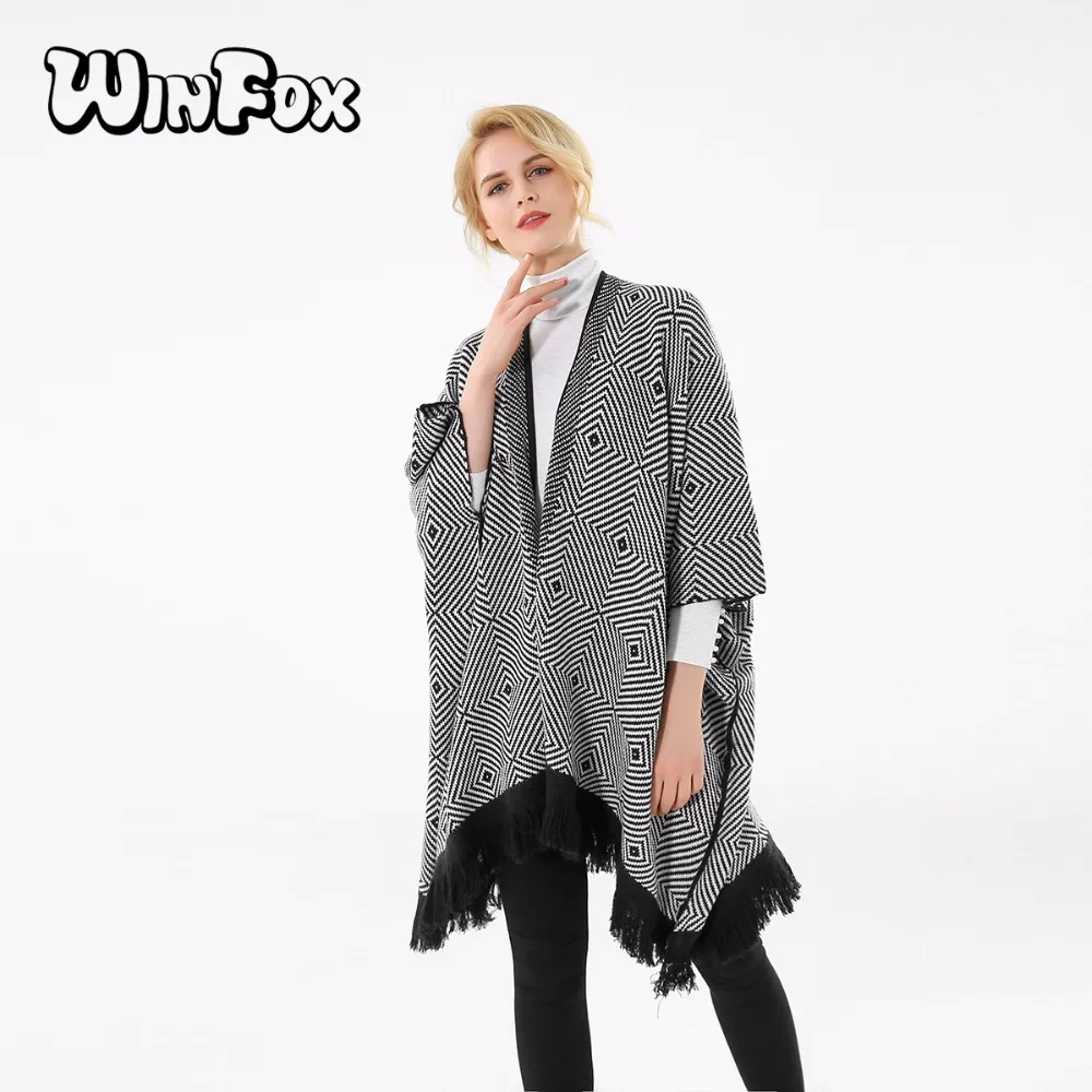 

Winfox 2017 New Brand Fashion Winter Black White Plaid Striped Pashmina Open Front Poncho Scarf For Womens Ladies