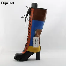 Dipsloot/женские модные лоскутные Сапоги до колена из натуральной кожи; женские разноцветные высокие сапоги на молнии сбоку; высокие сапоги на высоком квадратном каблуке