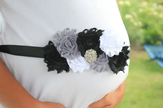 Цветной шифоновый пояс с цветком и кристаллами для невесты, аксессуары для беременных женщин - Цвет: Black-white-grey