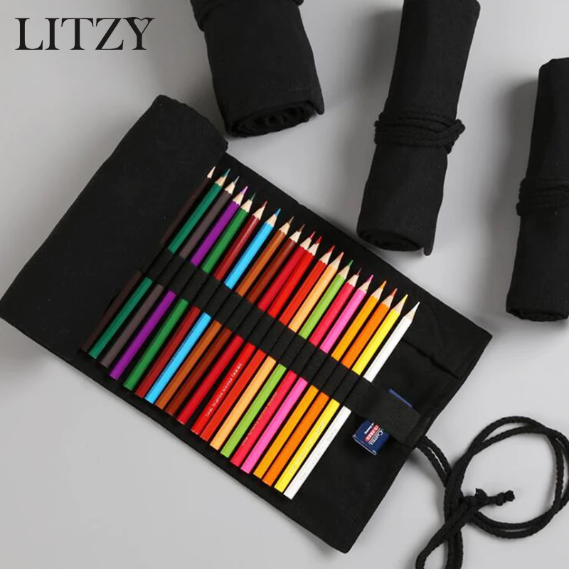 

Black Color School Pencil Case Roll 12/24/36 Holes Pencilcase Canvas Large Pen Bag for Girls Boys Stationery Pouch