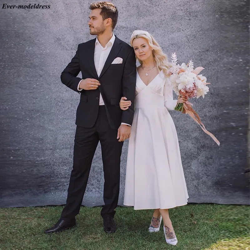 

Western Country Wedding Dresses 2020 Long Sleeves With Buttons V-Neck Ankle Length 1950s Bridal Gowns Elegant Vestidos De Festa