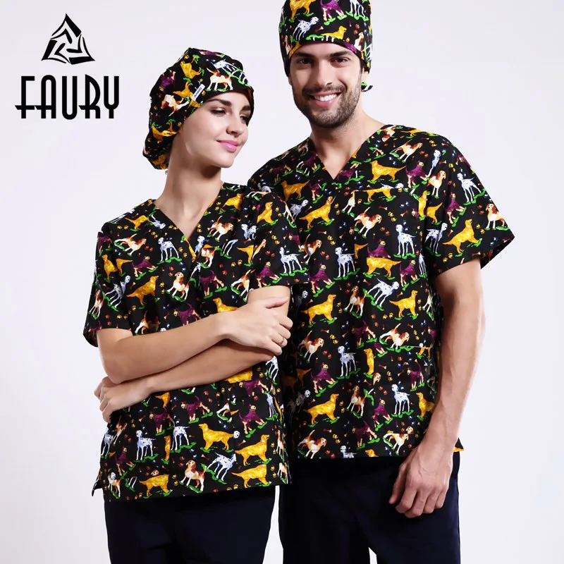 

Dental Clinic Medical Scrub Set Pet Doctor Nurse Operating Tops Hat Dog Printed Short Sleeve V-Neck Beauty Salon Work Uniforms
