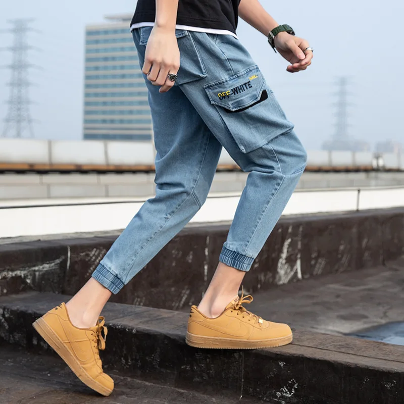

Spring and Summer New Men's Tooling Jeans Loose Washed Jeans Straight Feet Slim Trend Hip Hop Nine Points Jeans Pants