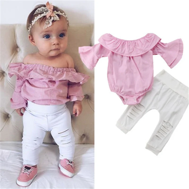 Модный клетчатый свитер с рукавами-клеш для маленьких девочек, комбинезон+ штаны с дырками, комплект одежды для малышей 0-24 месяцев