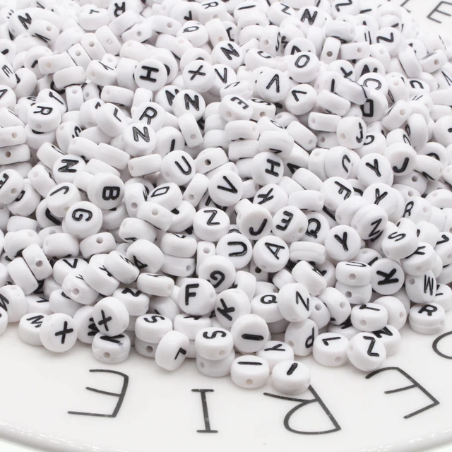 Letter N - 100pc 7mm Alphabet Beads White with Glossy Black Letters