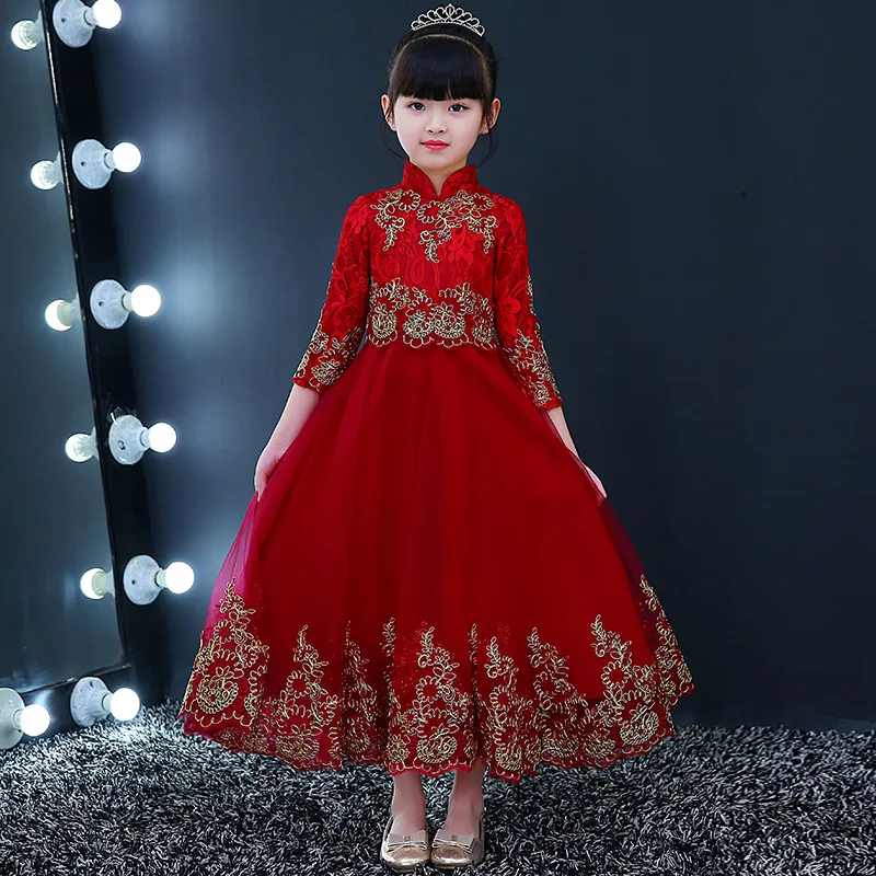 

Ankle-Length Chinese Style Flower Girl Dress Lace Party Show Dress Princess Dresses Birthday Ball Gown Kids Pageant Gowns AA38