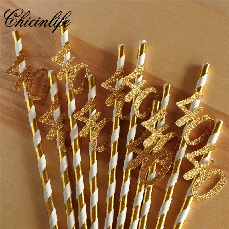 

1Bag Gold Stripe Paper Straws Number 30th 40th 50th 60th Sash Glasses Adult Happy Birthday Drink Straws Balloon Party Decoration