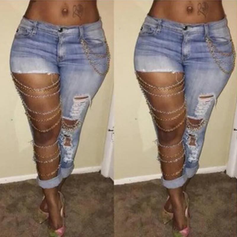 

Leggings Elastic Cotton Exaggerated Big Holes High Waist Jeans Casual Trousers Skinny Pencil Pants Female Ankle Jeans Plus Size