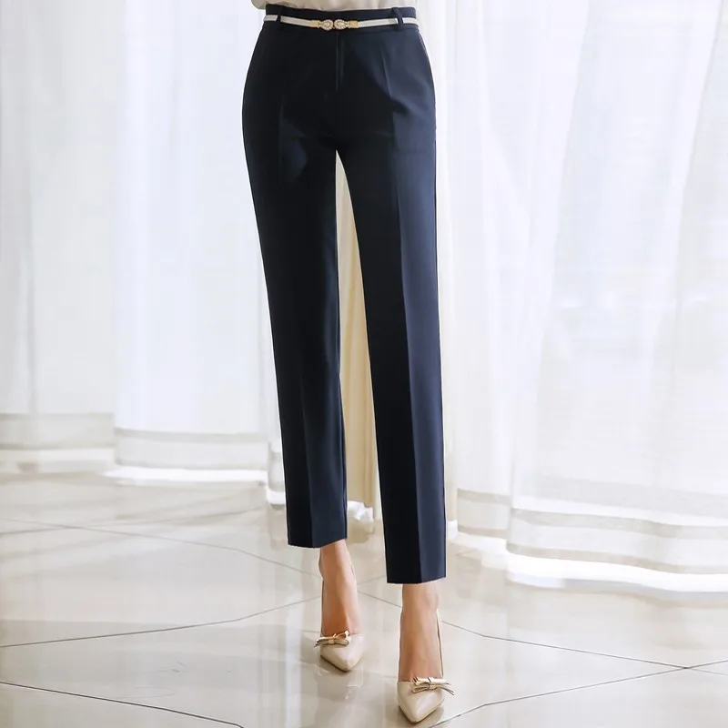

2019 Spring Autumn Women High Waist Trousers Office Lady Work Straight Ankle Length Black Blue Pants Plus Size 3XL