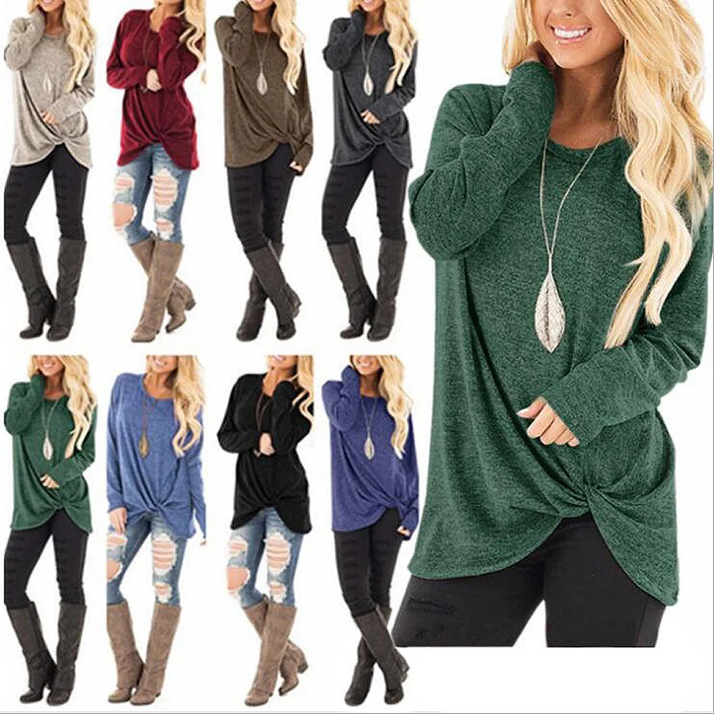 

2019 Autumn And Winter New Style European And American Women Solid Color Long Sleeve T-shirt Wish Explosion Models Hem Ki