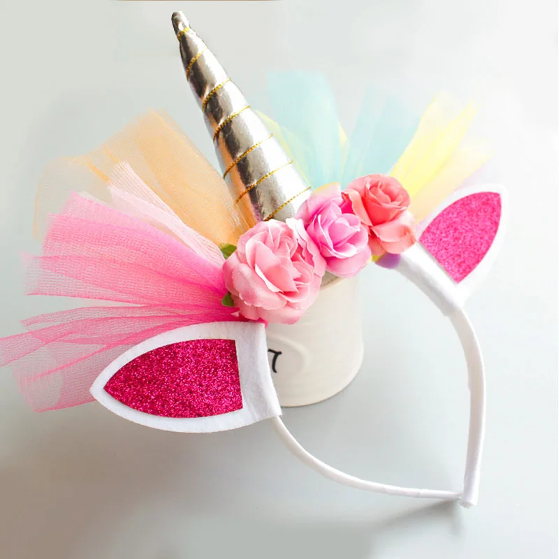 Принцесса Вечерние повязки на голову эластичный цветок кружева Единорог Рог головной убор ободки декор для Хеллоуин-вечеринки костюм - Цвет: Rainbow -silver