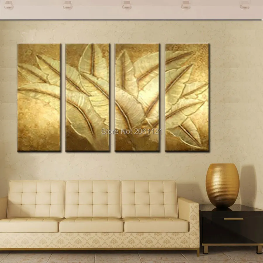 

100% Hand Painted high quality wall decoration Oil Painting huge leaf golden large Wall Art Home Decor 4pcs Set Free Shipping