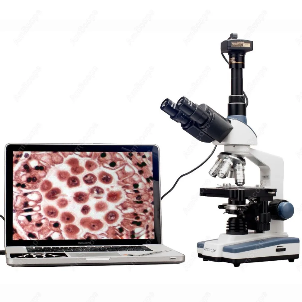 실험실용 삼안 복합 현미경, AmScope 용품, 2000X LED 실험실용, 3D 기계식 스테이지, 8MP 카메라 포함