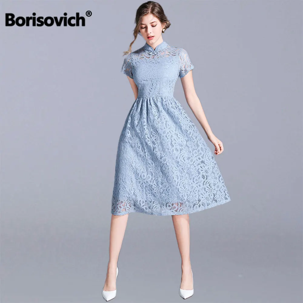 

Borisovich Women Casual Long Dress New Brand 2019 Summer Fashion Hollow Out Lace Elegant A-line Ladies Party Dresses N1380