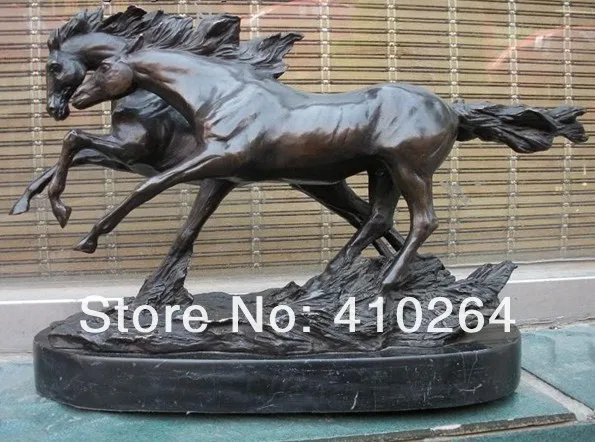 

[Nice Discount ] fast Shipping L16" West Art Pure Bronze Marble statue Marble Two Gallop horse Sculpture