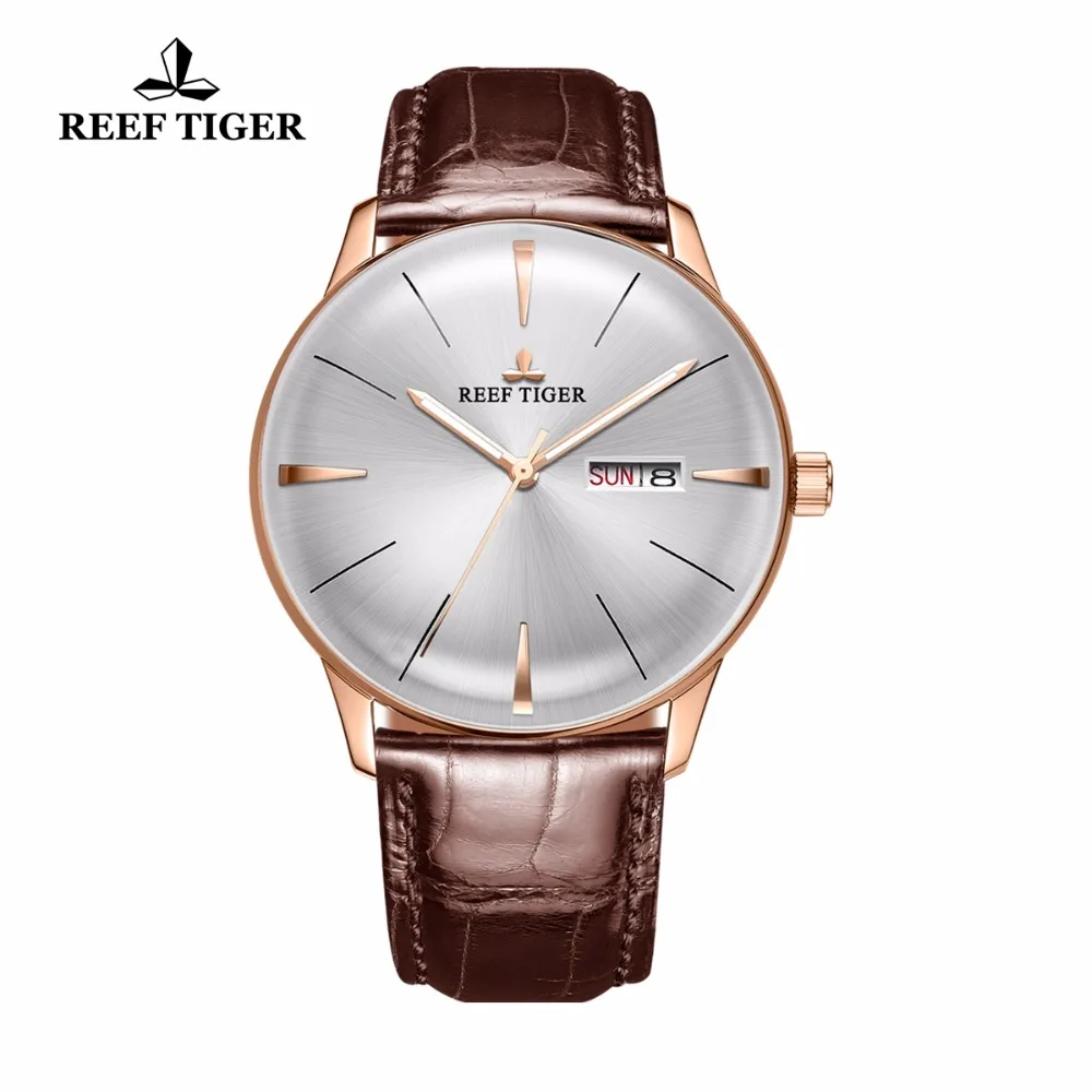 

Reef Tiger/RT Brand Fashion Simple Watches Men Sports Convex Lens Rose Gold Leather Strap Waterproof Automatic Watch Clock Mens