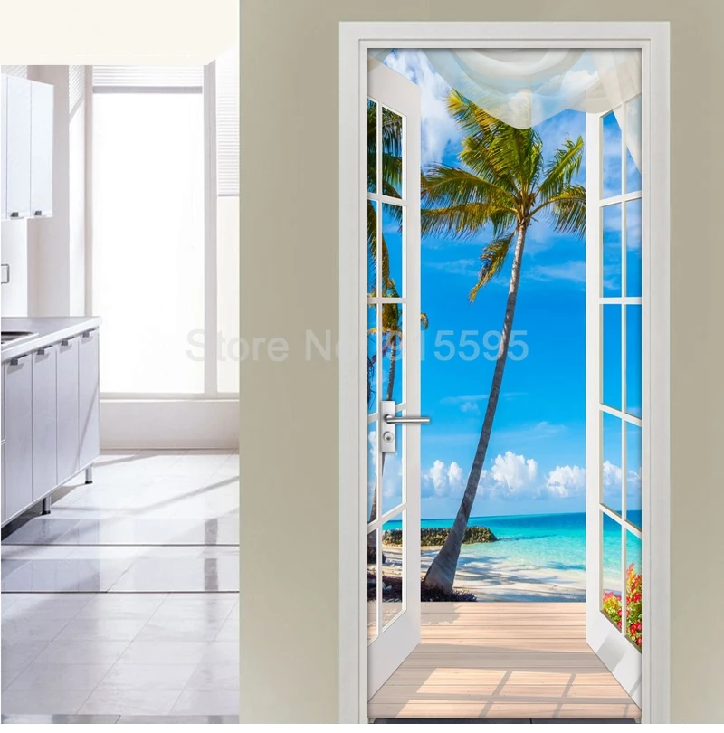 3D наклейка на дверь, окно, балкон, кокосовое дерево, вид на море, Настенные обои, наклейка s, самоклеющиеся съемные домашние наклейки на двери и стены