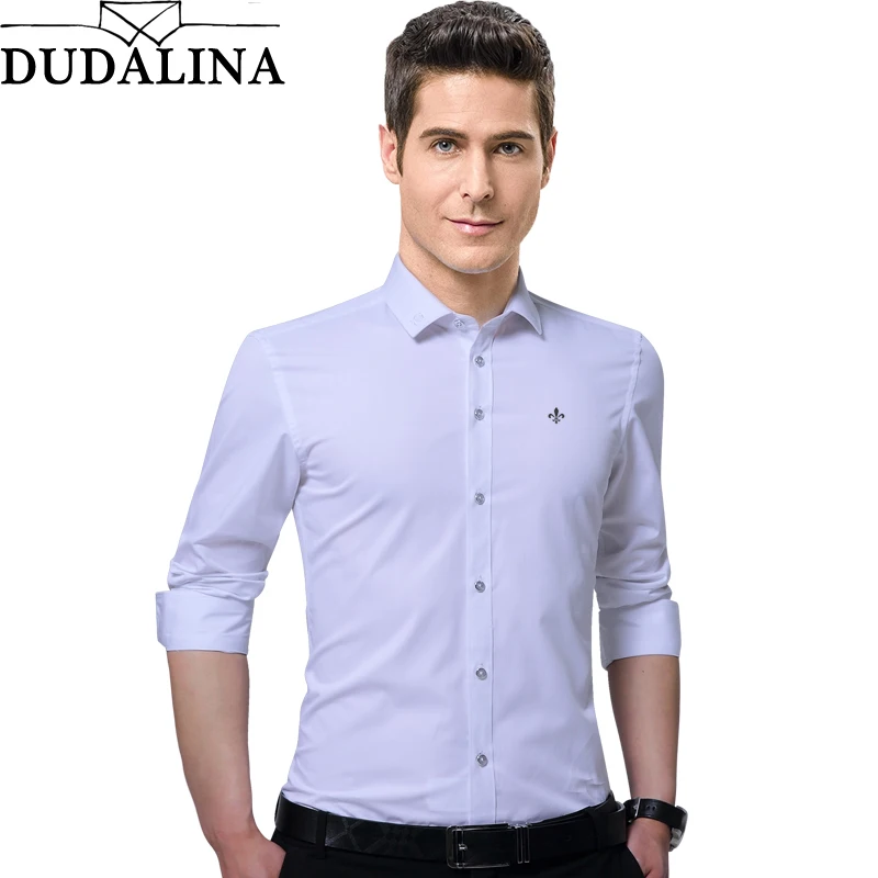Acheter Dudalina 2018 Nouveau Hommes Chemises Hommes Manches Longues Solide Broderie Slim Fit Hommes Entreprise Sociale de Haute Qualité Casual Hommes chemise