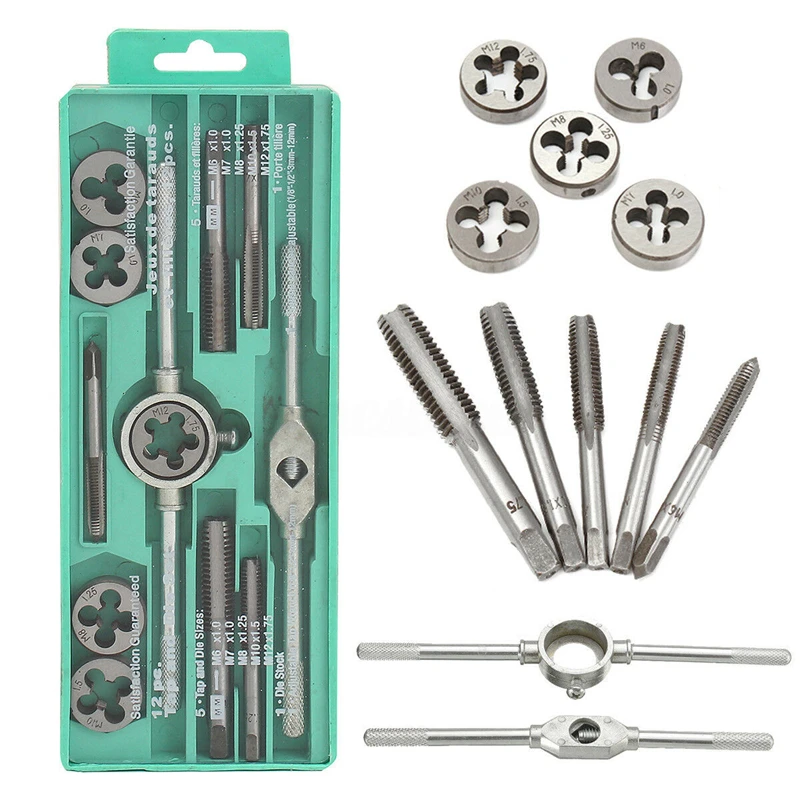 

12pcs Professional Metric Tap And Die Holder Adjustable Wrench Case Tool Kit Set of Tools M6x1.0 M7x1.0 M8x1.25 M10x1.5 M12x1.75