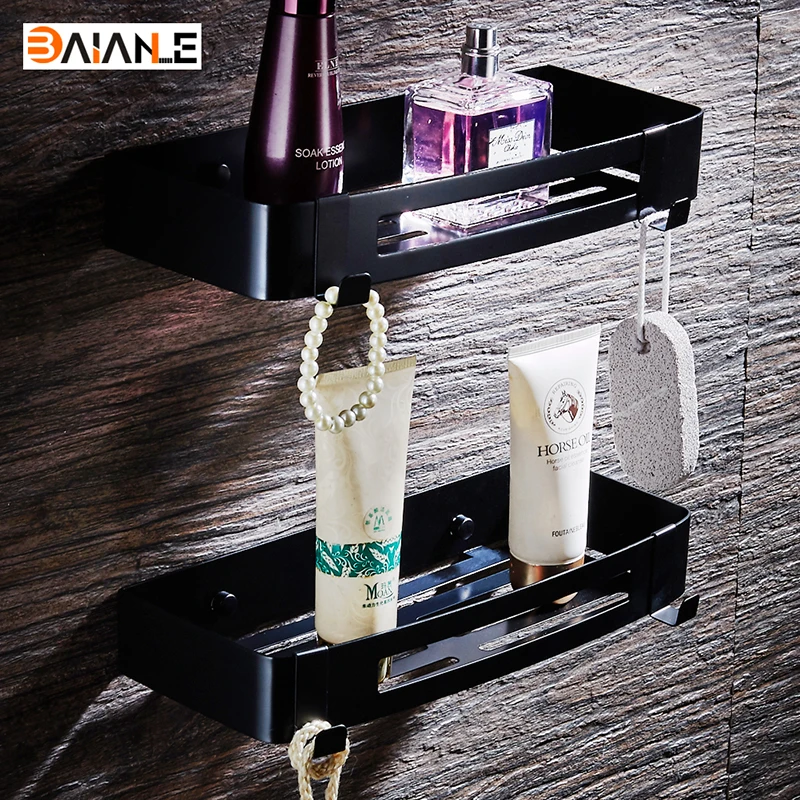 Wall Mount Bathroom Shelves Black Stainless Steel Rectangle Shower