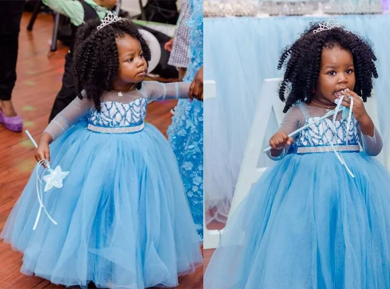 

Puffy tulle sheer long sleeves toddler birthday evening party outfit bling sequins Princess frozen light blue flower girl dress