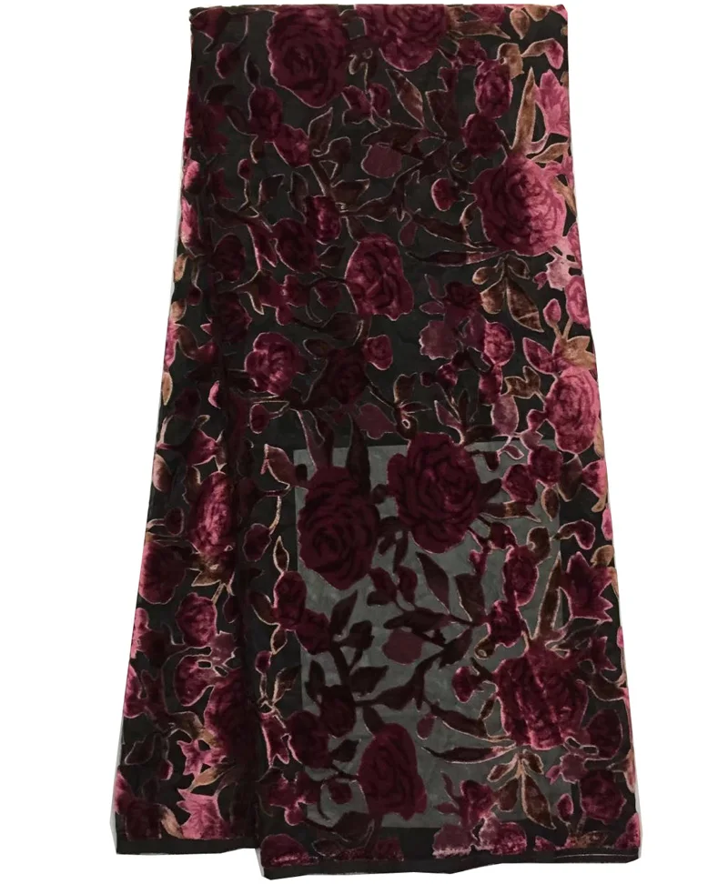 

(5yards/pc) high quality African velvet lace fabric with beautiful magenta color flowers for attractive party dress VLB86