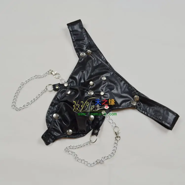 

Male faux leather thong low-waist rings men's panties personality male cool sexy