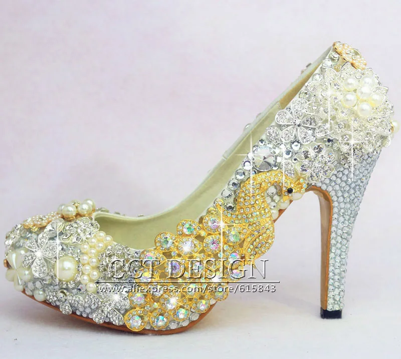 Glitter Gorgeous white Wedding Bridal Evening Party Crystal High Heels Women Peacock Shoes Sexy Woman Pumps Fashion Bridal Shoes