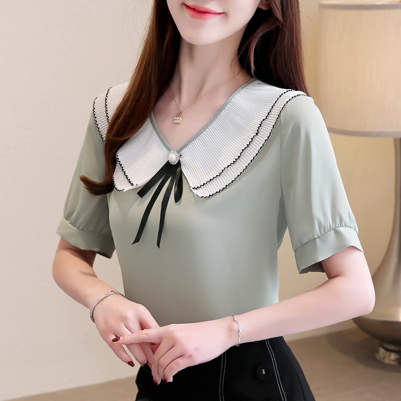 

Korean Fashion Chiffon Women Blouses Solid Peter Pan Collar Short Sleeve Pink Women Shirts Plus Size Blusas Femininas Elegante