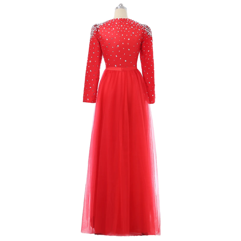 V-neck Mangas Compridas Tulle Frisados Cristais Mulheres