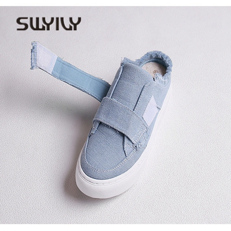 SWYIYV Women Canvas Shoes Half Slipper 2018 Spring Hook Look Female Casual Shoes Denim Summer Lady Outside Wear Student Slides
