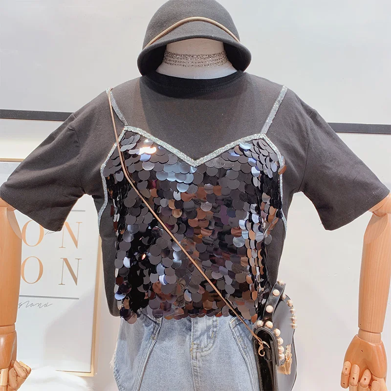 Летняя новая мода поддельные из двух частей блестки с коротким рукавом Футболка Студенческая свободная Базовая Blusas рубашки футболка для женщин