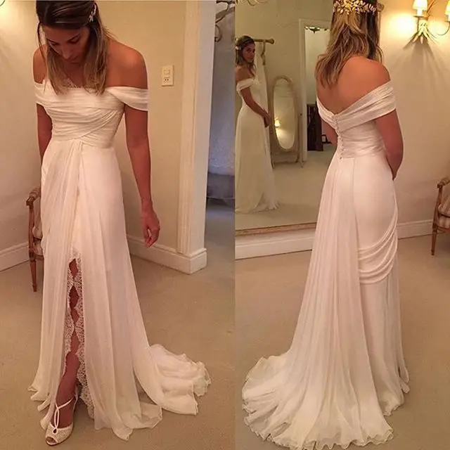 

Chiffon Boho Wedding Dress 2019 Off-the-Shoulder Split Bridal Gowns Long Beach Wedding Dress with Zipper