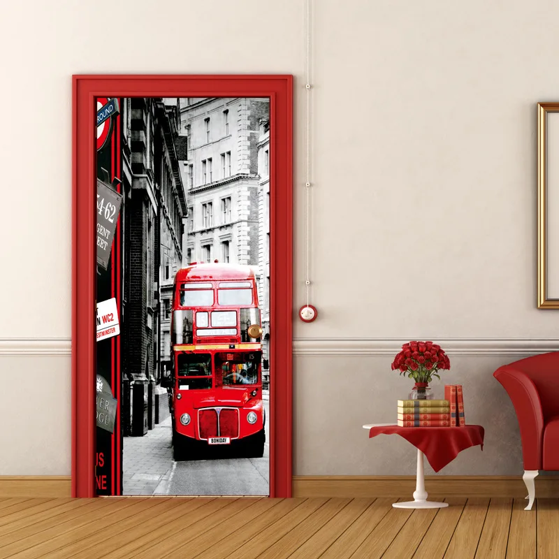 London Double decker Bus Tourist Landmark Self Adhesive Vinyl Mural Decal Wall Door Sticker