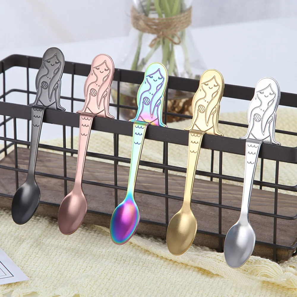 

Creative Colorful/Silver Stainless Steel Spoon Mermaid Handle Spoons Kitchen Dining Bar Tableware L4