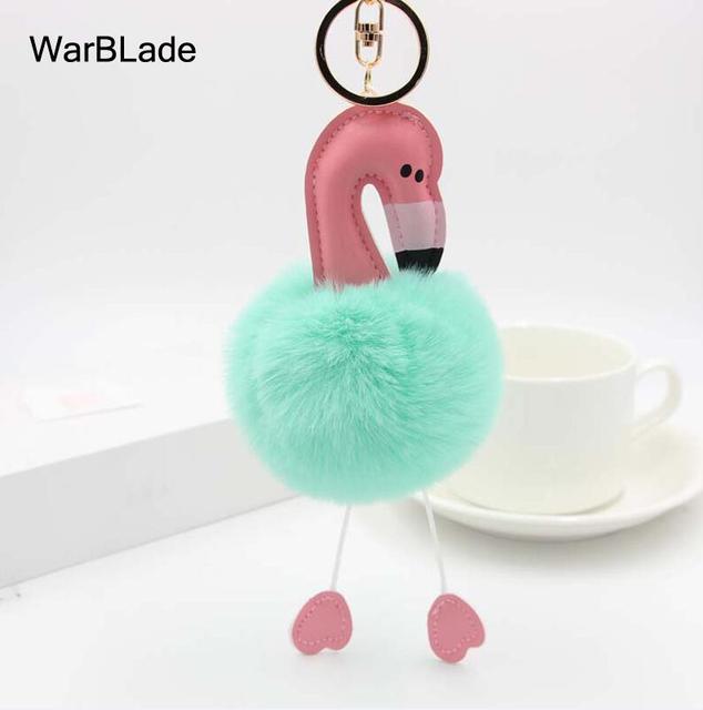 New Flamingo Pompom Keychain Fluffy Fake Rabbit Fur Ball Key Chain Porte clef Women Car Bag pompon Key Ring Accessories