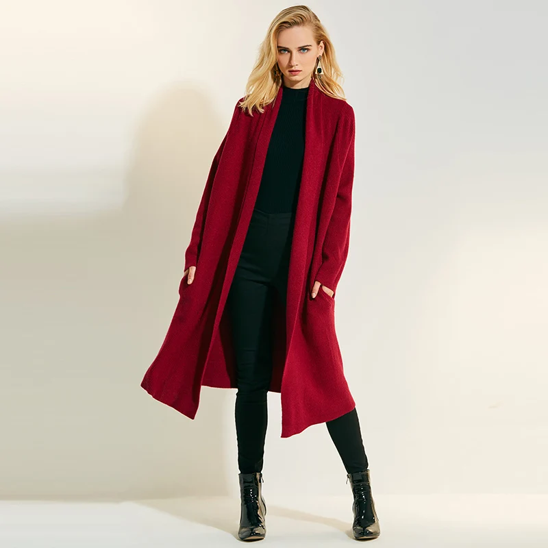 Causal knitting long knitted sweater cardigan woman 2018 autumn slim red knitting long sleeve cashmere green lapel open stitch Sweaters