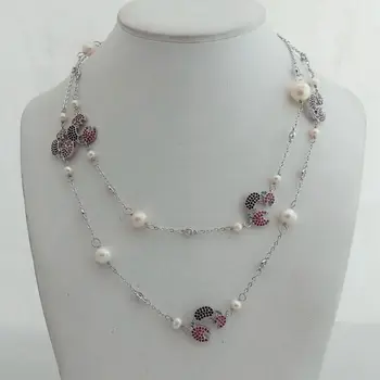 

35" White Pearl Chain Long Necklace CZ Pave Crab Connector