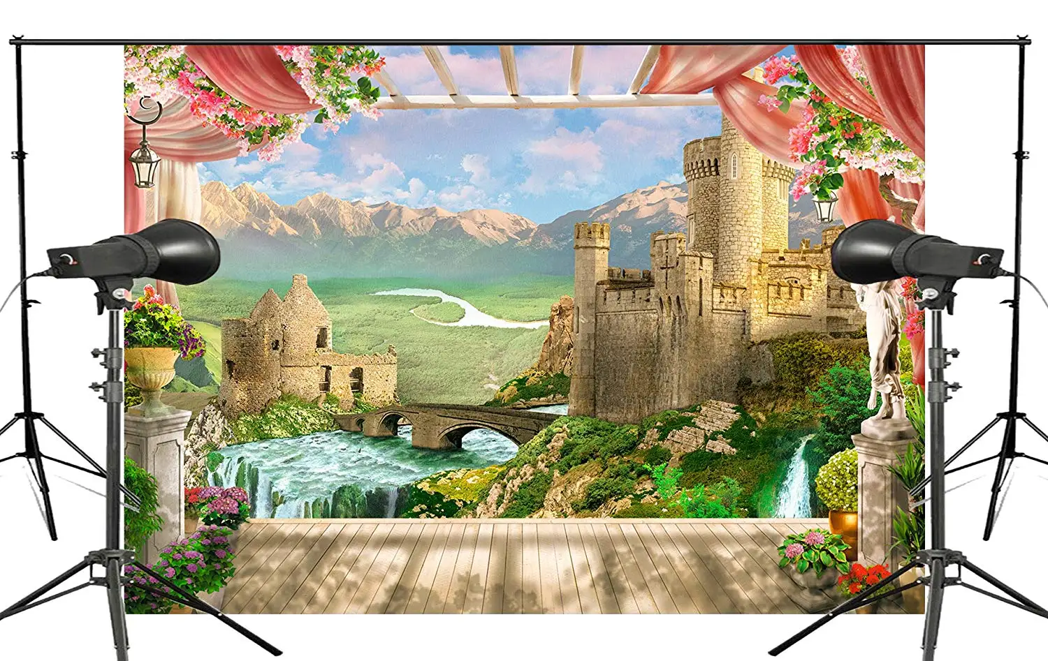 

150x220cm Spectacular Mountain River Ancient Architecture Background Beautiful View of the European landscape