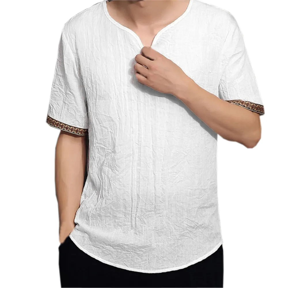 Мужская футболка размера плюс 5XL из хлопка и льна свободные рубашки с коротким