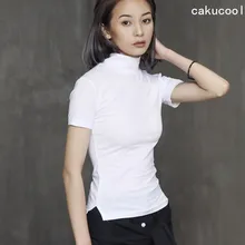 Cakucool летняя однотонная черная белая Повседневная хлопковая Футболка для женщин с коротким рукавом, футболка со стоячим воротником, топы, тонкие короткие дизайнерские базовые футболки