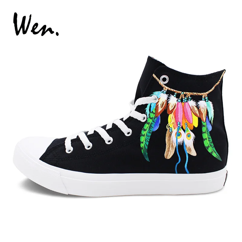 

Wen Men Women Black Hand Painted Canvas Shoes Original Design Indian Feather Dreamcatcher High Top Platform Sneakers Plimsolls