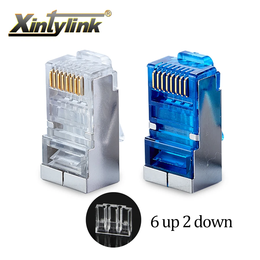 xintylink 50pc blue rj45 connector cat6 8P8C metal shielded rj45 plug terminals network connector load bar split type modular